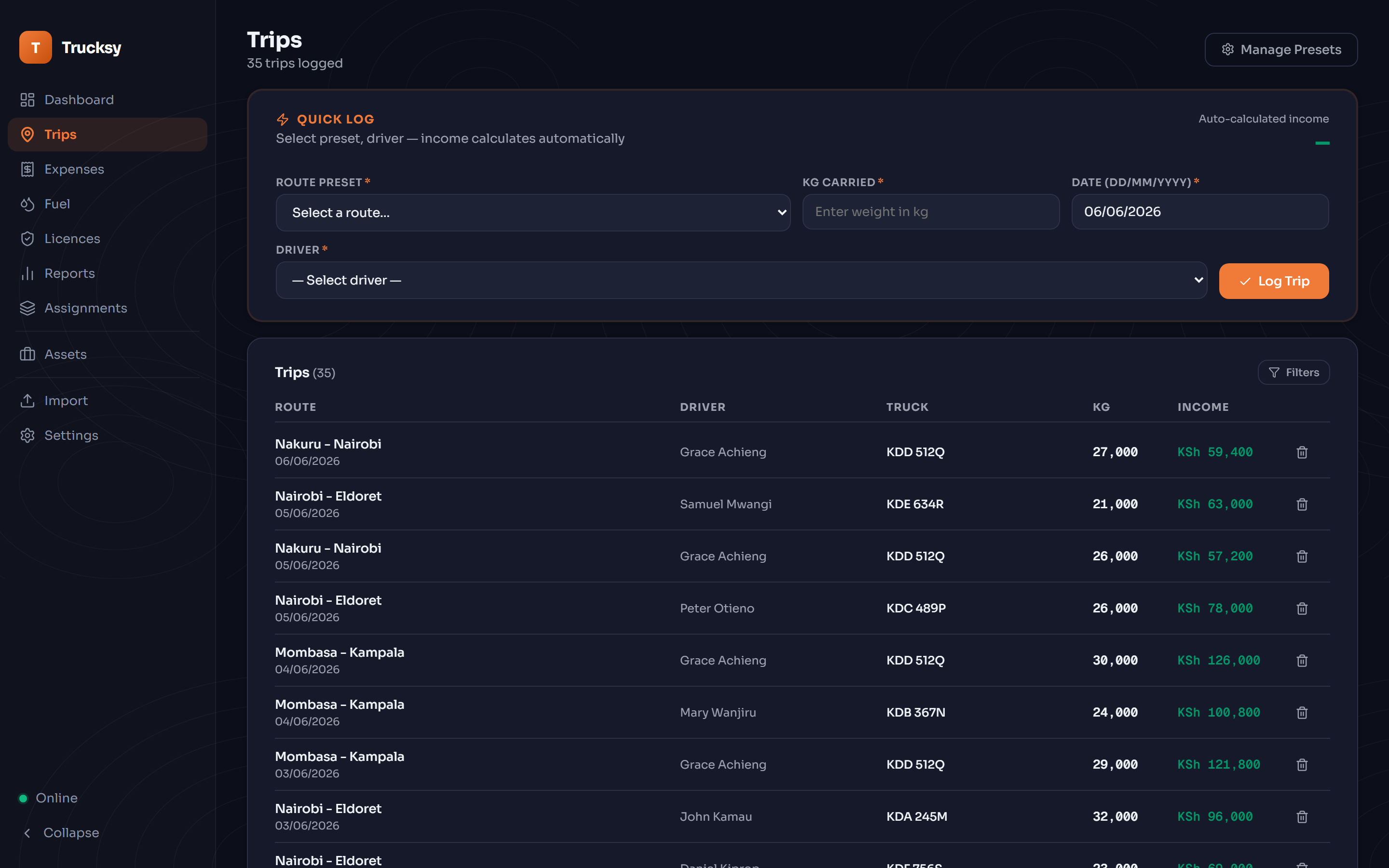 Trucksy trips screen with auto-calculated income